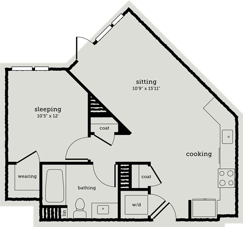 Floor plan for 1 bed, 1 bath, 681 sqft